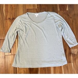J. Jill Love Linen Top Womens Medium Sea foam Green Cropped Sleeve Pom Pom Trim